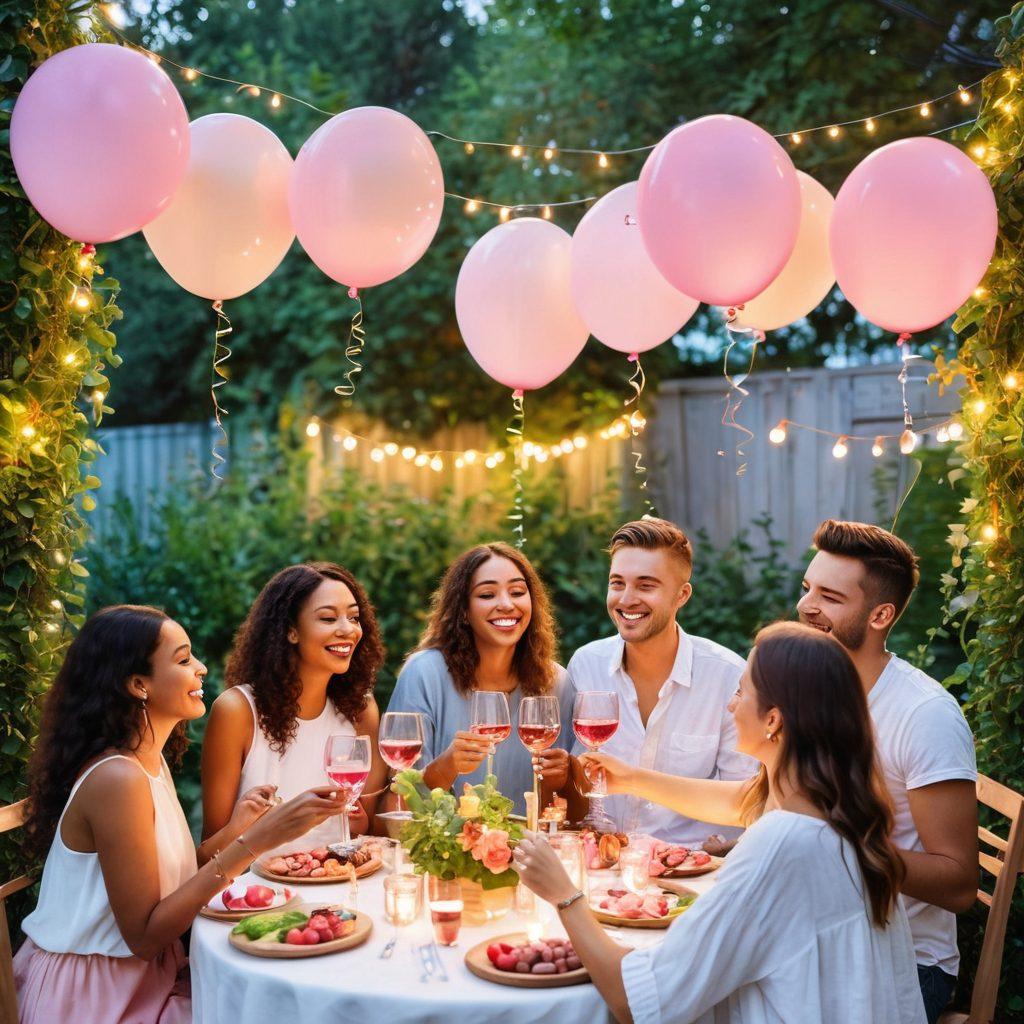A cozy outdoor gathering under fairy lights, featuring a group of diverse friends laughing and toasting with pink wine in crystal glasses. Surround them with lush green plants and colorful balloons. Create a warm sunset backdrop that embodies joy and celebration. Include a wooden table adorned with elegant wine bottles and charcuterie. watercolor painting. soft pastel colors.
