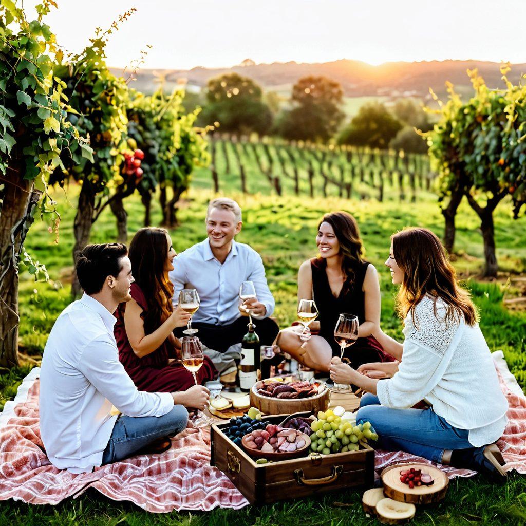 A cozy vineyard setting at sunset, with people joyfully clinking wine glasses and sharing laughter. Lush rose bushes and grapevines frame the scene, creating a warm and inviting atmosphere. Soft golden light illuminates the participants, highlighting their smiles and the rich colors of the wines in their glasses. A picnic blanket with a charcuterie board adds a touch of elegance and abundance to the gathering. dreamy hues, vintage style, warm ambiance.